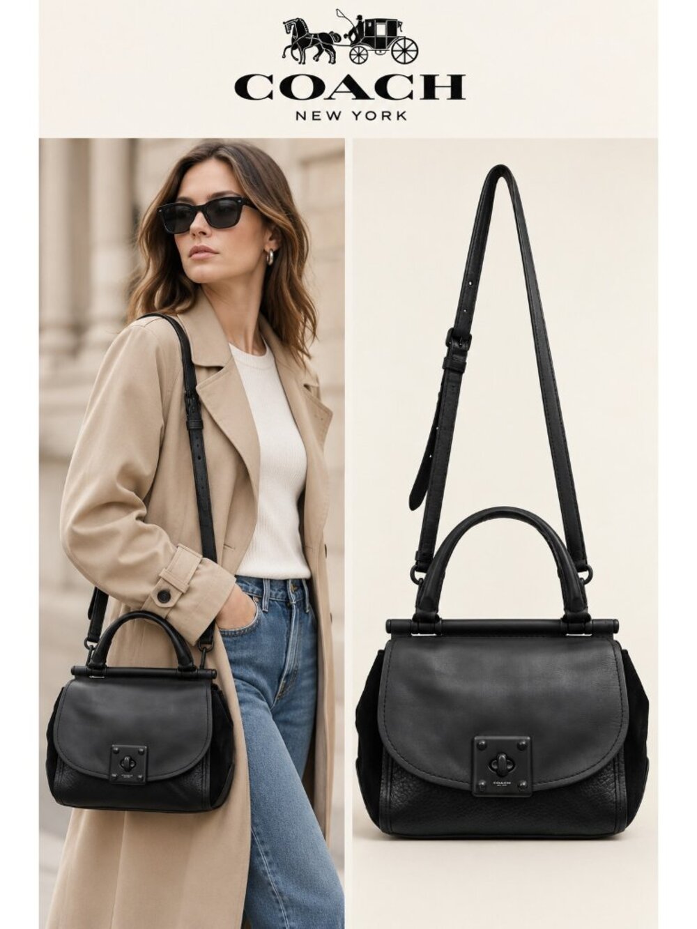 Coach 38388 Drifter Mixed Leather Black Top Handle Crossbody Satchel